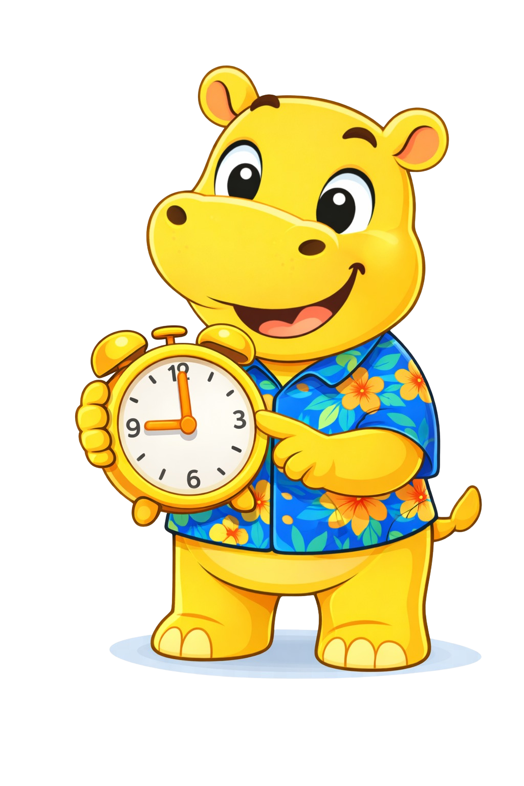 DailyCheck-In hippo holding a clock to represent choosing a check-in time