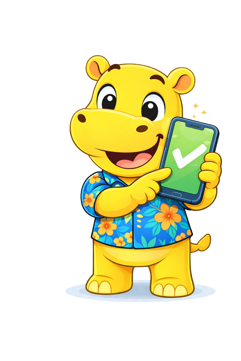 DailyCheck-In hippo holding a phone with a large check mark