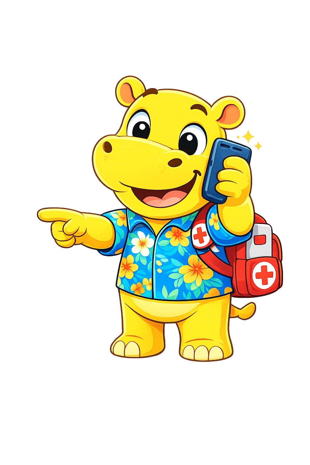 DailyCheck-In hippo with a small emergency backpack and phone for trusted follow-up